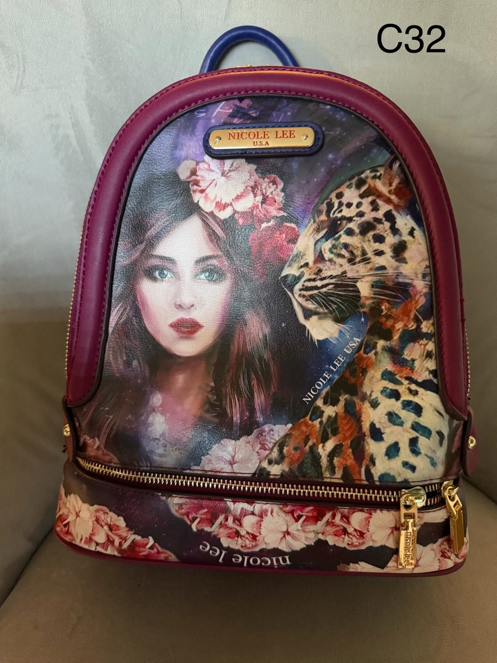 Nicole Lee Floral & Jaguar Print Backpack in Burgundy and Purple